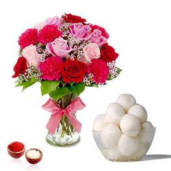 Bhai Dooj Gift Combos - Bhai Dooj Combo Pink Shaded Flowers in Vase with Rasgulla Sweets