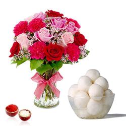 Bhai Dooj Express Gifts Delivery - Bhai Dooj Combo Pink Shaded Flowers in Vase with Rasgulla Sweets