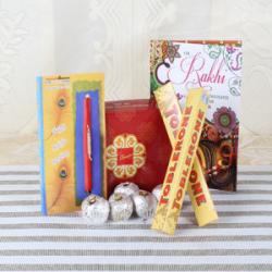 Rakhi With Cards - Zardosi Rakhi with Sweets and Chocolate Hamper