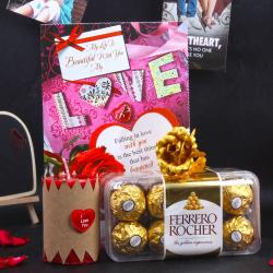 Valentine Romantic Hampers For Her - Ferrero Rocher Chocolates with Love Gold Plated Rose Hamper