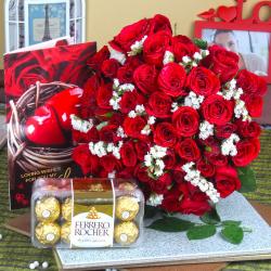 Valentine Flowers with Greeting Cards - Red Roses Bouquet with Ferrero Rocher Chocolate and Love Card