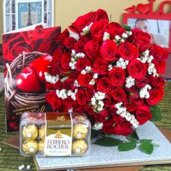 Valentine Flowers with Chocolates - Red Roses Bouquet with Ferrero Rocher Chocolate and Love Card