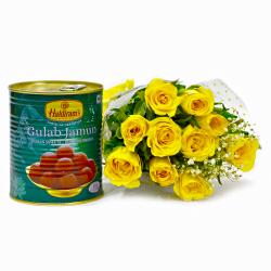 Mithai Hampers - One Kg Gulab Jamuns with Bouquet of Yellow Roses