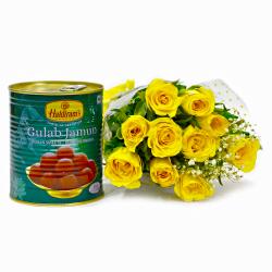 Send One Kg Gulab Jamuns with Bouquet of Yellow Roses To Fatehpur