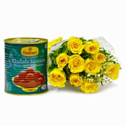 Send One Kg Gulab Jamuns with Bouquet of Yellow Roses To Ongole