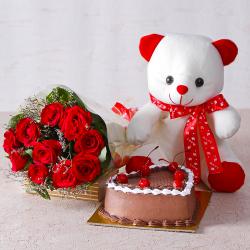 Anniversary Gifts Midnight Delivery - Ten Red Roses with Teddy Bear and Heart Shape Chocolate Cake