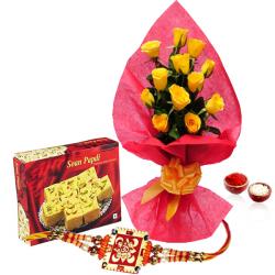 Rakhi With Flowers - Soan Papdi With Yellow Roses and Rakhi