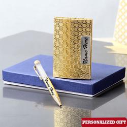 Send Birthday Gift Customized Golden Color Card Holder and Pen To Baroda