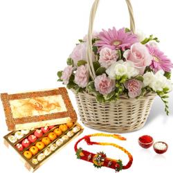 Rakhi With Flowers - Flowers Basket with Sweet Box and Rakhi