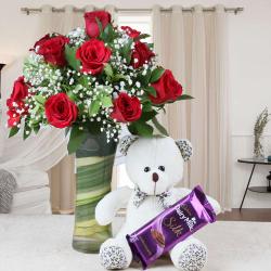 Valentine Flowers with Chocolates - Valentine Romantic Gift of Teddy Bear and Chocolate with Vase of Red Roses