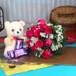 Send Valentines Day Gift Pink Roses with Teddy Bear and Chocolate To Mumbai
