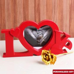 Mothers Day Gifts to Mangalore - Love Shape Frame for MOM with Golden Rose