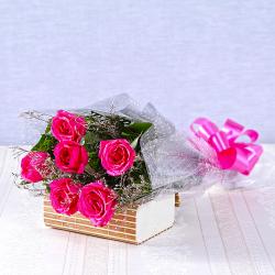 Romantic Flowers - Six Pink Roses Bouquet
