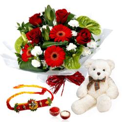 Rakhi Family Set - Attractive Bouquet with Rakhi and Teddy Bear