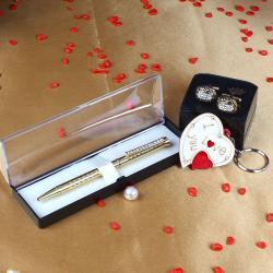 Valentine Gifts for Husband - Golden Oval Diamond Cut Cufflinks with Golden Roller Pen and I Love You Key Chain
