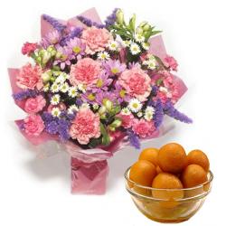 Karwa Chauth Gifts for Wife - Fresh Carnation Bouquet with Gulab Jamun