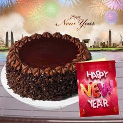 New Year Gifts - New Year Greeting Card and Chocolate Truffle Cake