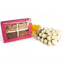 Assorted Flowers - Twenty White Roses Bunch and Box of Mixed Dryfruits