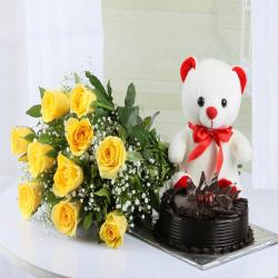 Women Gifts by Person - Yellow Roses with Teddy Bear and Chocolate Cake