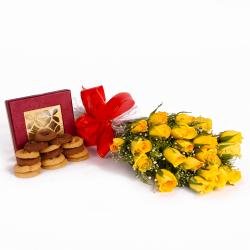 Rakhi with Cookies - Twenty Yellow Roses Bunch with Tasty Baked Cookies