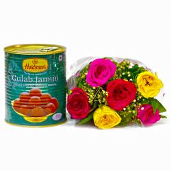 Send Mix Six Roses Bouquet with Gulab Jamuns To Saraidhela