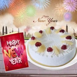 Send New Year Gift New Year Greeting Card and Round Eggless Pineapple Cake To Rajkot