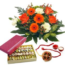 Rakhi With Flowers - Assorted Sweets with Rakhi and Flowers Bouquet