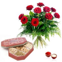 Bhai Dooj Tikka - 10 Red Roses Bouquet with Manifold Dry Fruits Box Bhai Dooj Hamper