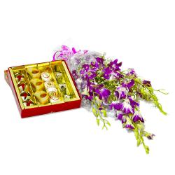 Send Bouquet of Six Purple Orchids with Box of Assorted Sweets To Bhagalpur
