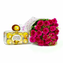 Good Luck Flowers - Pink Roses Bouquet with 200 Gms Ferrero Rocher Chocolate Box