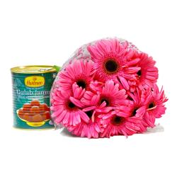 Send Bouquet of Ten Pink Gerberas with Gulab Jamuns To Kolkata