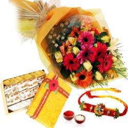 Rakhi With Flowers - Rakhi and Bouquet of Flowers with Kaju Sweets