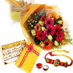 Rakhi With Flowers - Rakhi and Bouquet of Flowers with Kaju Sweets