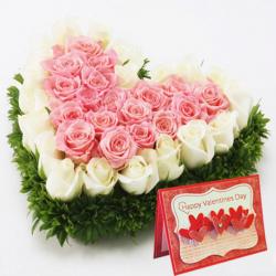 Heart Shape Arrangement - Pink and White Roses Heart with Valentine Greeting Card