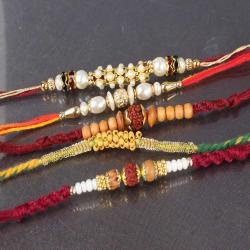 Set Of 5 Rakhis - Thread Pack of Five Pearl and Wooden Sphere Rakhi