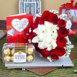 Valentine Fresh Flower Hampers - Ferrero Rocher Chocolate with Love Greeting Card and Roses Bouquet