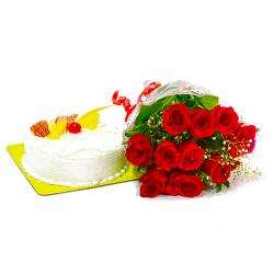 Flowers and Cake for Her - Pineapple Cake and Romantic Red Roses
