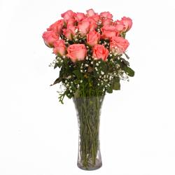 New Born Flowers - Twenty Pink Roses in Glass Vase