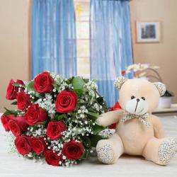Birthday Soft Toys - Cute Teddy with Twelve Red Roses