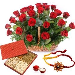 Rakhi With Flowers - Basket of Red Roses with Dry Fruits and Rakhi
