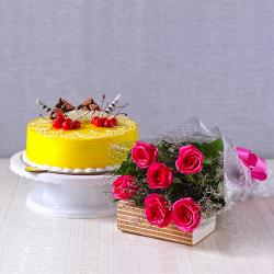 Cake Hampers - Half kg Pineapple Cake with Six Pink Roses Bouquet