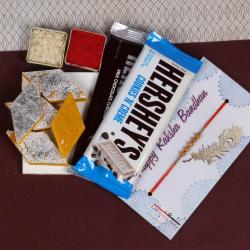 Rakhi Combos For Brothers - Hershey's Chocolate and Kesar Kaju Katli Rakhi Hamper