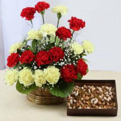 Anniversary Gifts for Friend - Assorted Dry Fruits with Carnations Arrangement