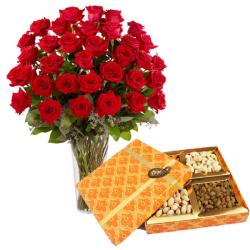 Flowers with Dry Fruits - Good Luck Roses Vase with Dryfruit