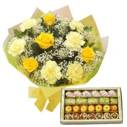 Best Wishes Gifts for Her - Tissue Wrapping of Carnations and Roses with Assorted Sweets