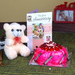 Send Anniversary Eggless Strawberry Cake with Teddy and Greeting Card To Agra