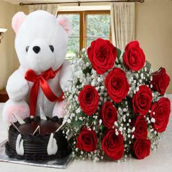 Valentine Midnight Gifts - Bouquet of Red Roses and Chocolate Cake with Teddy Bear For Valentine Gift