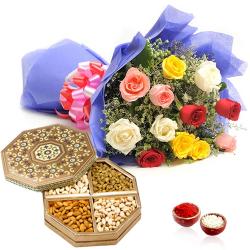 Bhai Dooj Tikka - Roses Bouquet with Dry Fruits Box for Bhai Dooj