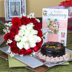 Send Anniversary Mix Roses Hand Tied Bouquet with Fresh Chocolate Cake and Greeting Card To Kapurthala
