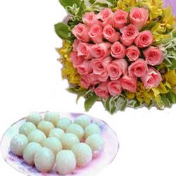 Mothers Day Sweets - Pink Roses Bouquet and Rasgulla Sweets